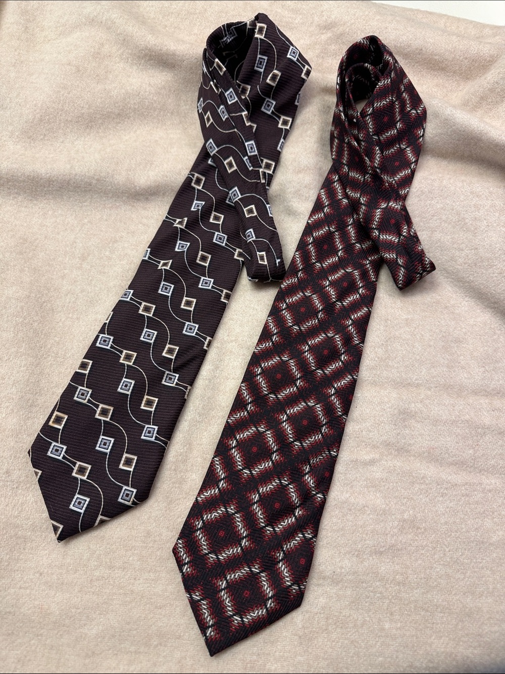 Pair of Burgundy Geometric Pattern Silk Ties - Elegant Men's Accessory
